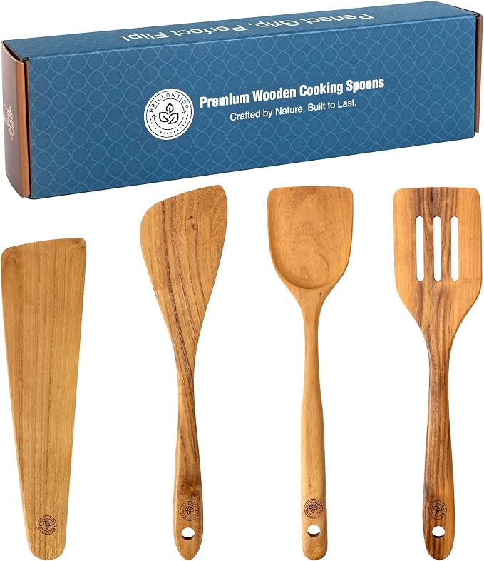 Wooden Kitchen Utensil Set of 4, Natural Wood Spoons and Spatulas, Non Toxic Eco Friendly Durable Wooden Turner and Spatula Set for Cooking. Perfect kitchen cooking utensils. by Brillantica