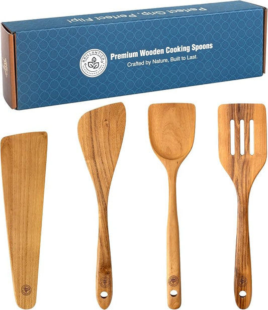 Wooden Kitchen Utensil Set of 4, Natural Wood Spoons and Spatulas, Non Toxic Eco Friendly Durable Wooden Turner and Spatula Set for Cooking. Perfect kitchen cooking utensils. by Brillantica