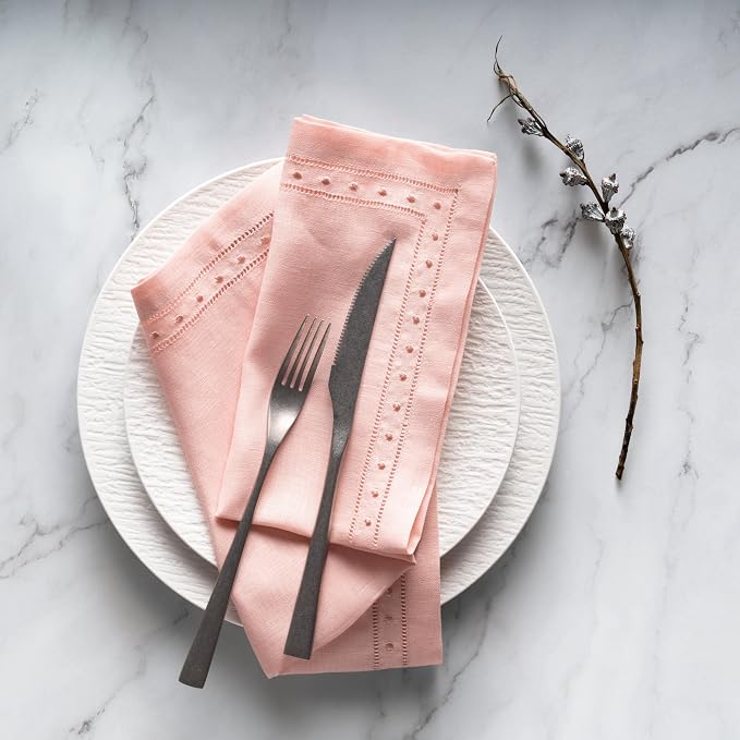 Linen Napkins Set of 4-100% Flax Linen Blush Pink Dinner Napkins with Embroidered Dot 18 x 18 inch - Hemstitch Cloth Napkins Washable for Easter and Spring Decor - Image 3