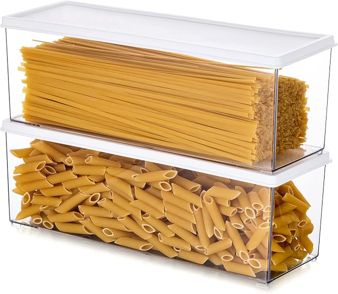 Hanobe Large Airtight Pasta Storage Containers, BPA-Free, 2.4L, 2-Pack | Stackable rectangular design, fits spaghetti, lasagna, noodles, clear grey plastic, for kitchen pantry and fridge by Hanobe