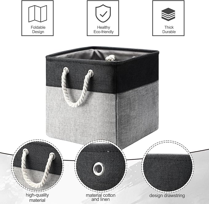 meekoo 8 Pack Collapsible Storage Bins Fabric Storage Bins Polyester Fabric Baskets with Handles Linen Closet Organizer for Shelf Home Closet Towels Toys(12 x 12 x 12in,Black Gray) - Image 3