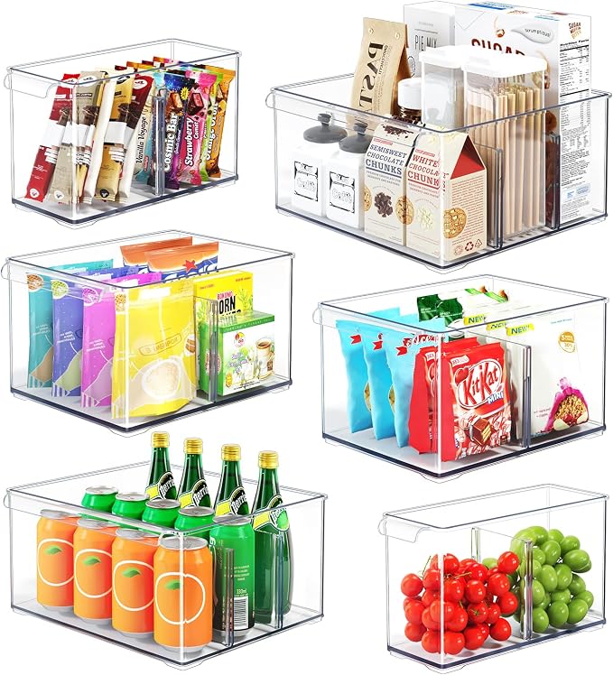 Clear Plastic Storage Bins with Dividers for Fridge Pantry Organizers and Storage Containers, 6 Pack Large Acrylic Stackable Sturdy Storage Boxes for Home Edit and Cabinet Organizers C6-4 by HOMETUK
