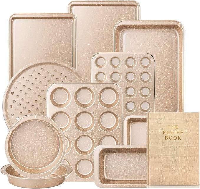 11 Piece Baking Pan Set | Nonstick & Non Toxic Bakeware Sets Baking Set | Carbon Steel Baking Supplies Include Notebook, Cookie Sheets, Roasting Pan, Muffin Pan, Cake Pan, Pizza Pan, Loaf Pan by Unknown