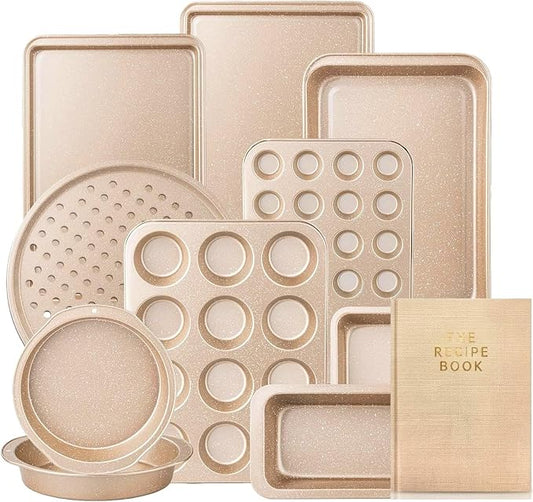 11 Piece Baking Pan Set | Nonstick & Non Toxic Bakeware Sets Baking Set | Carbon Steel Baking Supplies Include Notebook, Cookie Sheets, Roasting Pan, Muffin Pan, Cake Pan, Pizza Pan, Loaf Pan by Unknown