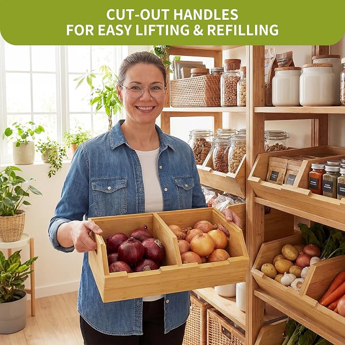 Bamboo Pantry Storage Bins Set, Potato and Onion Storage Bin for Countertop | Open Front Storage Bins, Large Capacity, Stackable Design, Cut-out Handles, FSC-certified Bamboo, No Assembly - Image 4