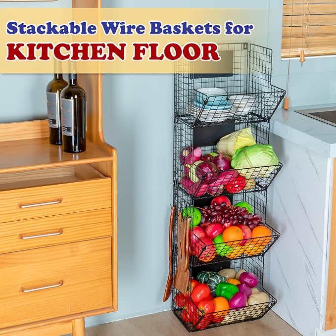 X-cosrack Metal Wire Basket Wall Mount, 4 Tier Extra Large Wall Storage Basket Organizer with Chalkboards, Kitchen Fruits and Vegetables Produce Bin Rack Toys Organizer Bathroom Tower Baskets (Black) - Image 6