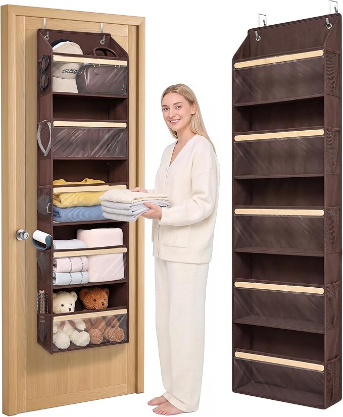 5 Tiers Natural Bamboo Over Door Organizer with 10 Mesh Side Pockets, 50 lbs Weight Capacity Hanging Storage Organizer with Clear Window Kids Toys, Shoes, Diapers, Dark Brown by ORDOVIBE