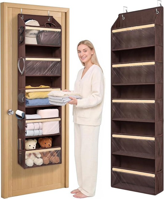 5 Tiers Natural Bamboo Over Door Organizer with 10 Mesh Side Pockets, 50 lbs Weight Capacity Hanging Storage Organizer with Clear Window Kids Toys, Shoes, Diapers, Dark Brown by ORDOVIBE