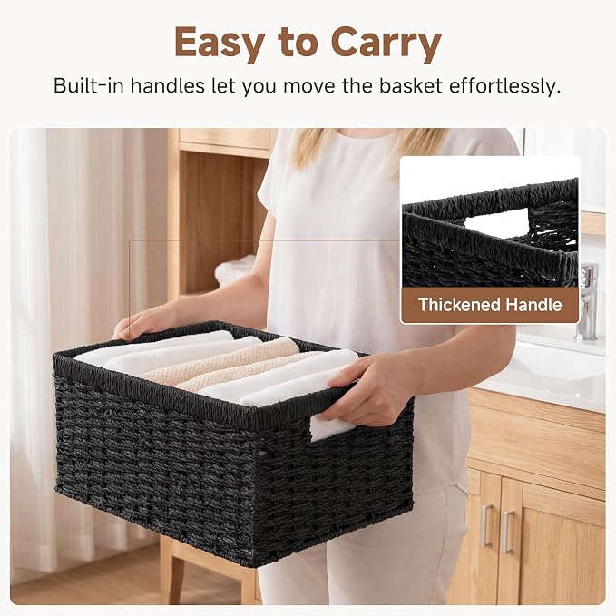 StorageWorks Wicker Storage Baskets for Organizing, Black Baskets, 2-Pack | Paper Rope Wicker Baskets with Handles, Black Storage Baskets for Shelves, Black Wicker Baskets, Woven Baskets - Image 3