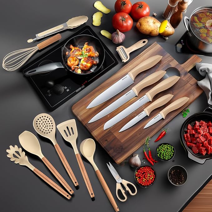 Cooking Utensils Set,18-Piece Kitchen Utensils and Knife Set,Khiki | Food-grade Silicone Utensils Heat-resistant to 410°F,5-Piece Stainless Steel Kitchen Knife with Sharpener and Cutting Board - Image 2