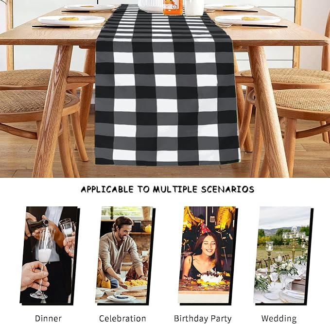 Cupuamon Fabric Checkered Table Runner 12 Pack Waterproof Gingham Table Runner 14W x 108L Buffalo Check Table Runners for Parties Kitchen Dining Wedding Banquet (Black and White) - Image 3