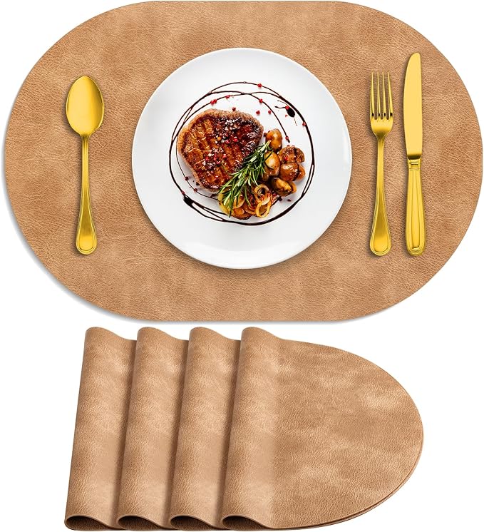 ADRIMER Placemats, Heat Resistant Oval Placemats Set of 4 Washable 12 x 17 Inch, Waterproof Table Mats, Wipeable Pu Place Mats for Kitchen, Dining Room, Light Brown by Adrimersdreamistobeanindispensablecompanioninyourlife