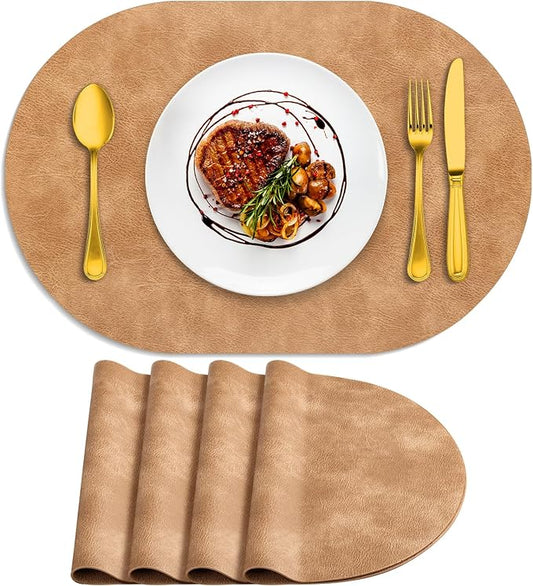 ADRIMER Placemats, Heat Resistant Oval Placemats Set of 4 Washable 12 x 17 Inch, Waterproof Table Mats, Wipeable Pu Place Mats for Kitchen, Dining Room, Light Brown by Adrimersdreamistobeanindispensablecompanioninyourlife