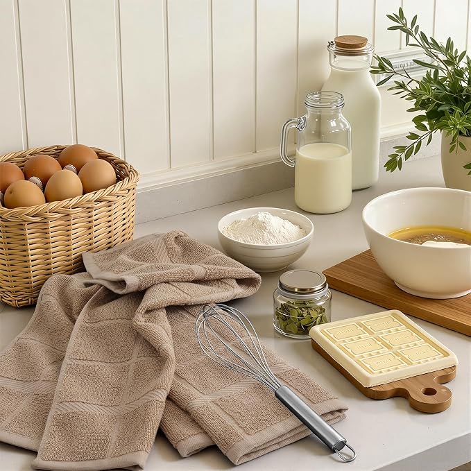 Homaxy 100% Cotton Kitchen Towels 18"x28", 4 Pack Dish Towels, Khaki | Large 380 GSM Soft and Absorbent Kitchen Hand Towels with Terry Grid Design, Utility Tea Towel Set with Hanging Loop - Image 7