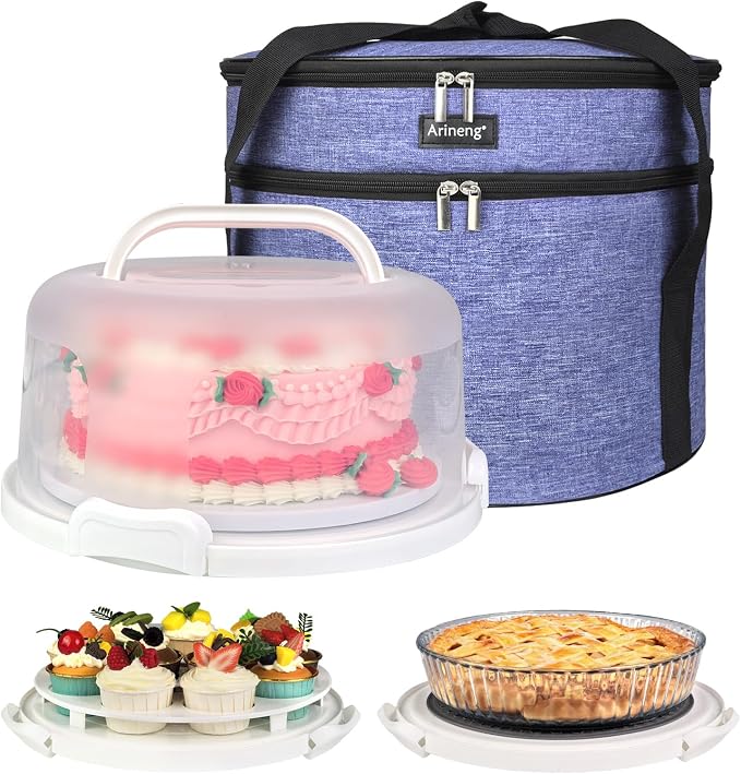 10 inch Round Cake Carrier Box with Lid and Handle, Transportation Insulated Bag for Cakes, Cupcakes and Pies, Triple Locking Design for Safe Transportation (Purple, 5.5 Inches High) by Arineng