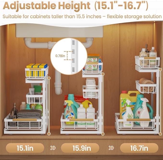 Under Sink Organizer and Storage - 3 Tier Cabinet Pull Out Shelf Organizers | 2 Pack 3 Tier under sink storage for Bathroom and Kitchen - Slide Out Drawer Organization for Home Cabinets Shelve and Drawer - Image 4