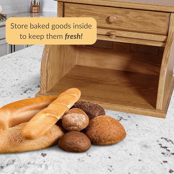 DutchCrafters Amish USA Made Solid Wood Countertop Bread Box with Drawer, Bread Holder for Kitchen Counter, Large Bread Box for Kitchen Countertop (Oak - Medium Walnut) - Image 4