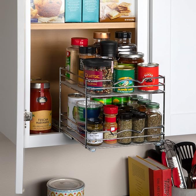 Pull-Out Cabinet Spice Rack Organizer 2-Tier, 10 ½"W x 10 ⅜"D x 8 ⅞"H | Slim Slide-Out Storage for Spices, Bottles & Jars, Premium Heavy-Duty Steel, Easy Install for Narrow Kitchen Cabinets, Chrome - Image 2