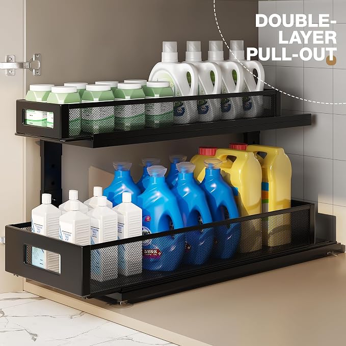 2 Pack 21.3IN-Depth Under Sink Organizer with Next-Gen Ball-Bearing Slides,2-Tier Pull Out Cabinet Storage,Height Adjustable Drawer Shelf for Bathroom,Kitchen,Laundry,Cabinet,Pantry-Black - Image 4