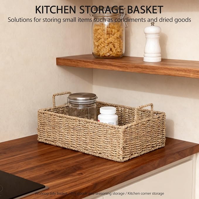 Woven Seagrass Wicker Storage Basket Set of 2 with Wooden Lids | Stackable Basket with Handles, Rectangular Decorative Basket for Shelves Home, Closet & Desktop Organization - Image 5