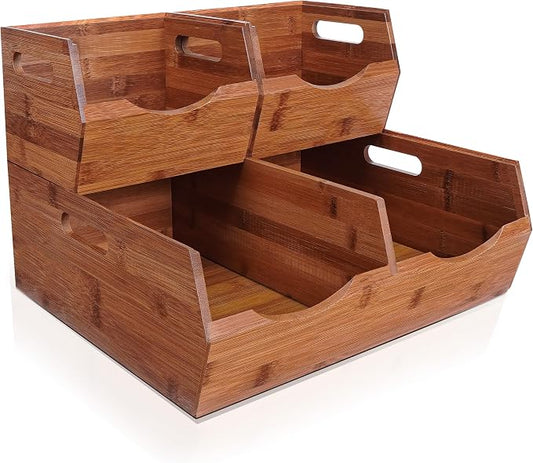 2-tier Stackable Bamboo Pantry Storage Bins, Potato & Onion Storage Baskets | Upgraded Storage Basket with Handles, Removable Divider, Pantry Organizer Holder for Kitchen, Cabinet, Fruit Storage (Walnut) by BEWBOW