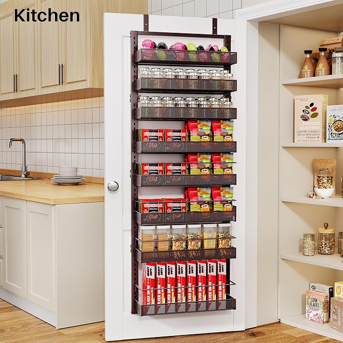 SNTD 8 Tiers Over the Door Organizer, 17" W x 6" D x 69" H, Bronze | Pantry Door Organizers and Storage, Height Adjustable Spice Rack, Dense Mesh Baskets, Anti-Swing, Adjustable Door Fastener - Image 8