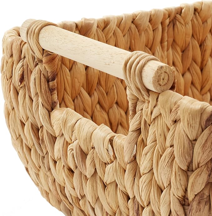 Casafield Set of 2 Water Hyacinth Oval Storage Baskets with Wooden Handles - Small, Woven Bin Organizers - Image 6
