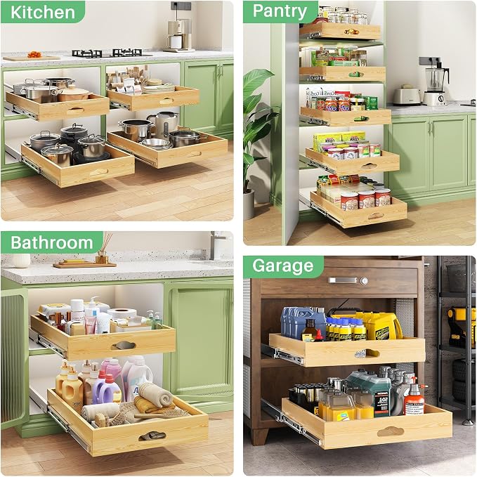 Pull Out Cabinet Organizer, Soft Close Wooden Slide Out Drawers for Pots and Pans, Full-extension Roll Out Shelves for Kitchen Cabinets, Pantry Organization, Bottom & Side Mount(12"W X 21"D x 3.4''H) - Image 9
