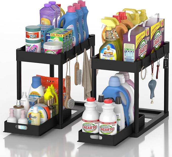 2pcs Under Sink Organizer Kitchen Bathroom Storage Cabinet 2 tier Sliding Drawer Counter Organization Shelf Storage Drawers Rack with Pull Out Basket and Hooks Black - Image 6