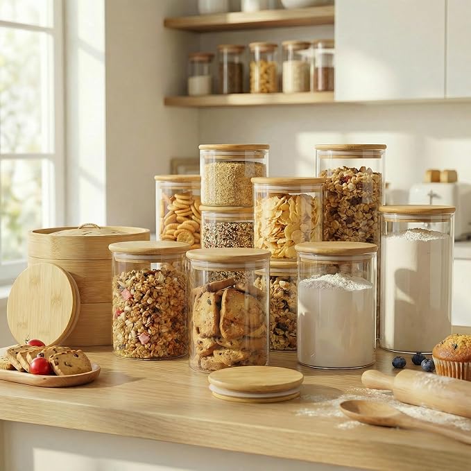 21 oz Glass Jars with Bamboo Lids, Airtight Food Storage Containers, 4 Pack | Round Small Pantry Jars for Spices, Nuts & Seeds , 3mm Borosilicate Glass Canisters Keep Food Fresh, Easy to Fill & Clean - Image 6