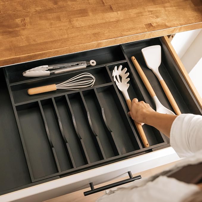 Silverware & Utensil Drawer Organizer, 18-33 in, Black Bamboo | Cutlery, flatware, food-safe contract grade, kitchen drawer fit - Image 7