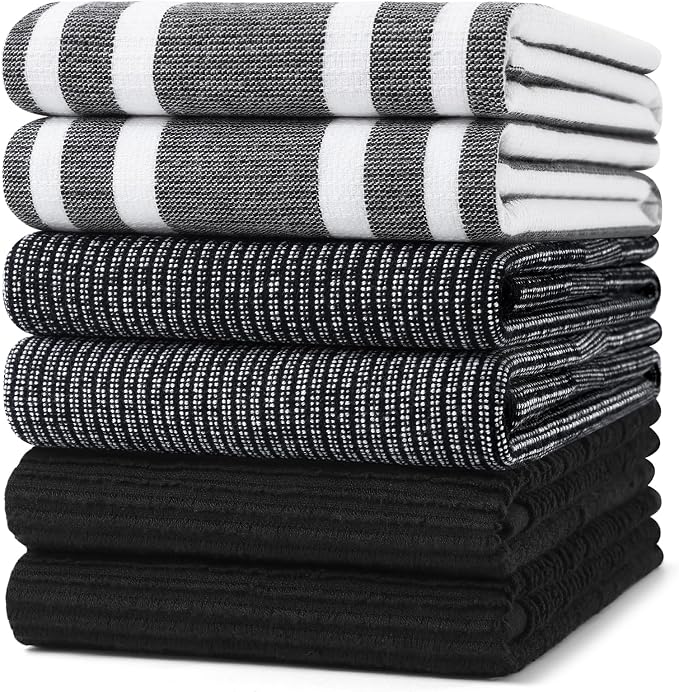 Homaxy Cotton 380 GSM Premium Kitchen Towels, 18"x 28", 6 Pack, Black | Soft and Absorbent Terry Dish Towels, Multipurpose Tea Towel Set with Hanging Loop, 3 Styles Kitchen Hand Towels by Homaxy