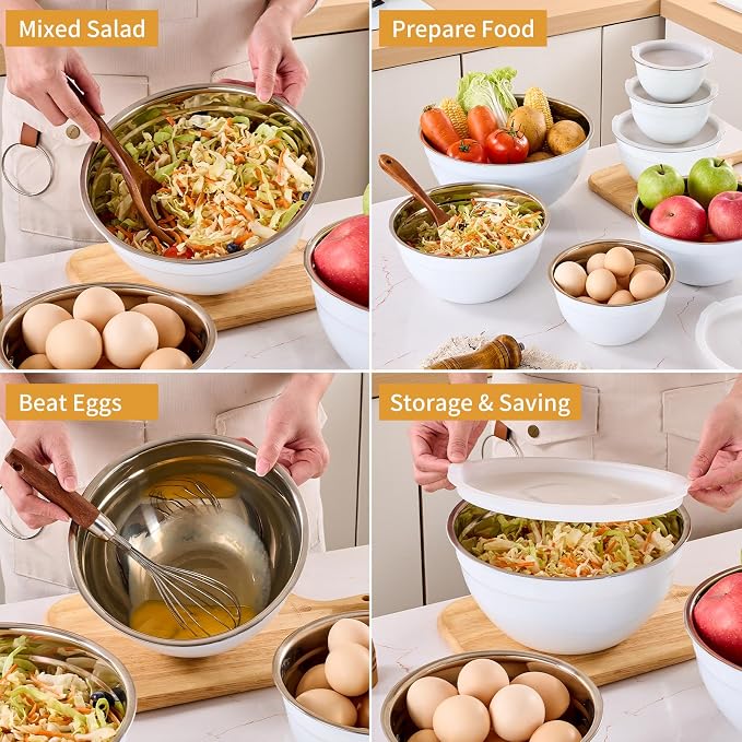 White Mixing Bowls with Airtight Lids, Stainless Steel Nesting Mixing Bowls Set of 7, Ideal for Baking, Prepping and Serving Food, Size 7, 3.6, 2.7, 2.1, 1.5, 1.1,0.8 QT, Stackable Design - Image 5