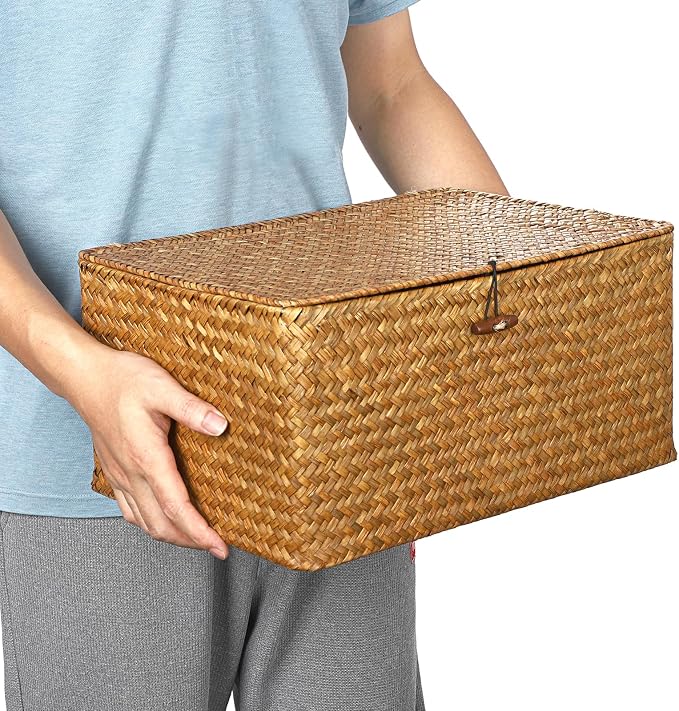 Hipiwe Wicker Shelf Baskets Bin with Lid Handwoven Storage Basket, X-Large | Rectangular Basekts Bins Natural Seagrass Household Basket Boxes for Shelf Wardrobe Home Organizer, Caramel - Image 7