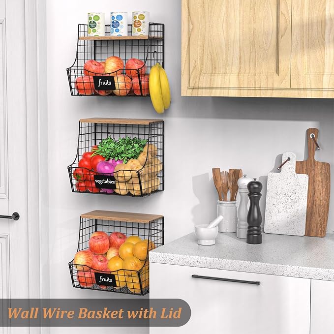 3 Pack wire Fruit Basket for Kitchen with Wood Lid - Counter&Wall Mounted Onion and Potato Storage with Nameplate, Hanging Baskets for Vegetable,11.81 * 10.63 * 8.66 Inch - Image 6