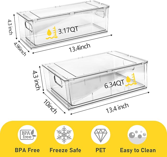 4 Pack Refrigerator Organizer Bins with Pull-out Drawer Stackable Clear Fridge Drawer Organizer Fruit Vegetable Storage Containers for Kitchen Pantry Organization (2 Large+2 Small) - Image 4