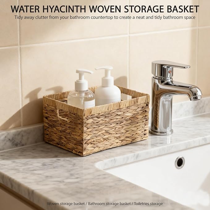 Woven Natural Water hyacinth basket Rectangular organizer basket with Handle for Desktop, Bathroom, Entryway,Kingwillow.(Small) - Image 7
