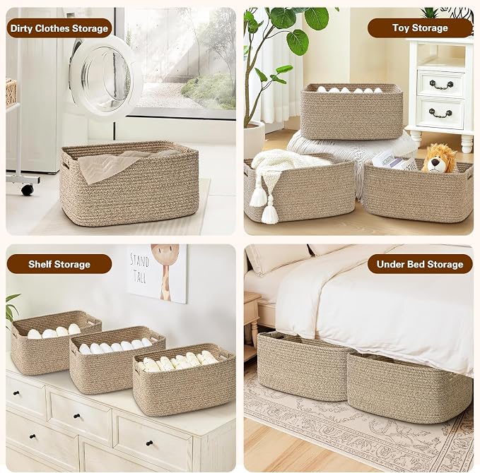 3 Pack Large Storage Basket for Organizing, 17.5"x13"x7" Woven Basket for Shelves, Closet Cube Storage Bins with Wrapped Handle, Cotton Rope Baskets for Kitchen, Clothes, Toys(Natural)) - Image 5