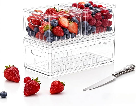 3 Pack Fruit Storage Box Long & Square for Fridge | 3-in-1 Produce Keepers, BPA-free clear bins with lids keep fruits fresh & ready to eat. by TAYUOO