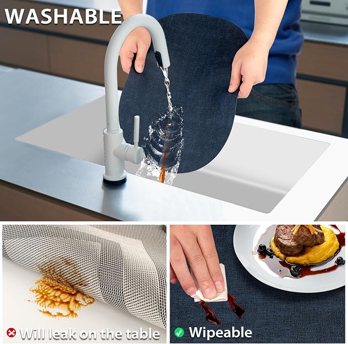 Placemats Set of 6-17" x 11.8" Waterproof & Heat Resistant Oval Place Mats, Wipeable Washable Double Layer Faux Leather Table Mats, Dark Blue - Image 4