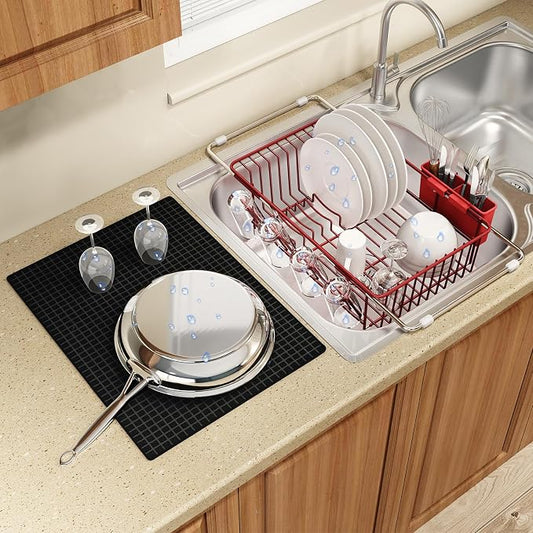Red Dish Drying Rack Over The Sink with Utensil Holder, Mat | Expandable Stainless Steel Dish Drainer for Small Kitchen, Apartment, RV, Counter Space Saving, Perfect Fit, Rustproof by MAJALiS