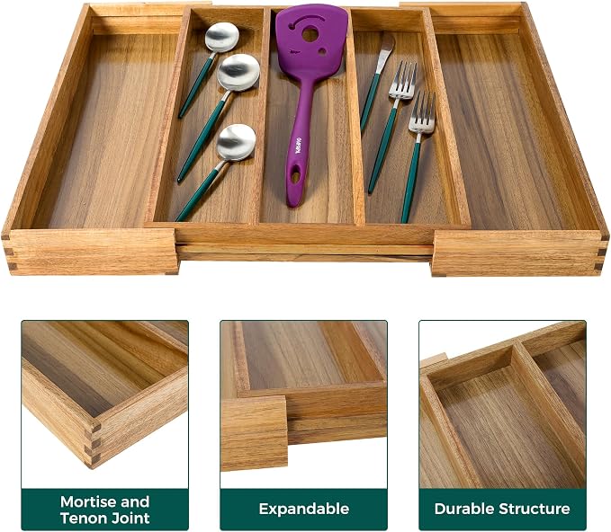 Utoplike Acacia Kitchen Drawer Organizer Expandable, Utensils Cutlery Tray | Large Silverware Divider for Knives, Flatware, Knives in Kitchen, Bedroom, Living Room, Adjustable 3-5 Slots - Image 6