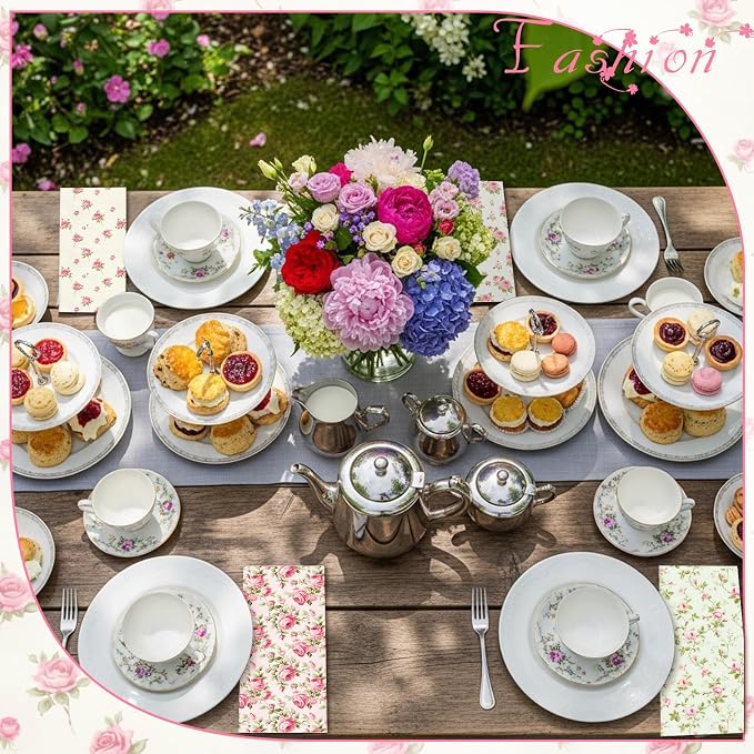 24 Pcs Floral Cloth Napkins 6 Patterns Washable Dinner Tea Party Napkins Reusable Plant Flowers Square Napkin Cotton Towel Decorative for Summer Wildflower Party(Pink Rose) - Image 4
