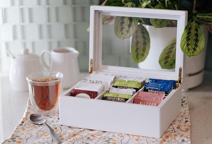 Break Tradition Wooden Tea Organizer For Tea Bags - Wooden Tea Chest With 6 Compartments - Clear Top Window - Lid Stays Open (White) - Image 5
