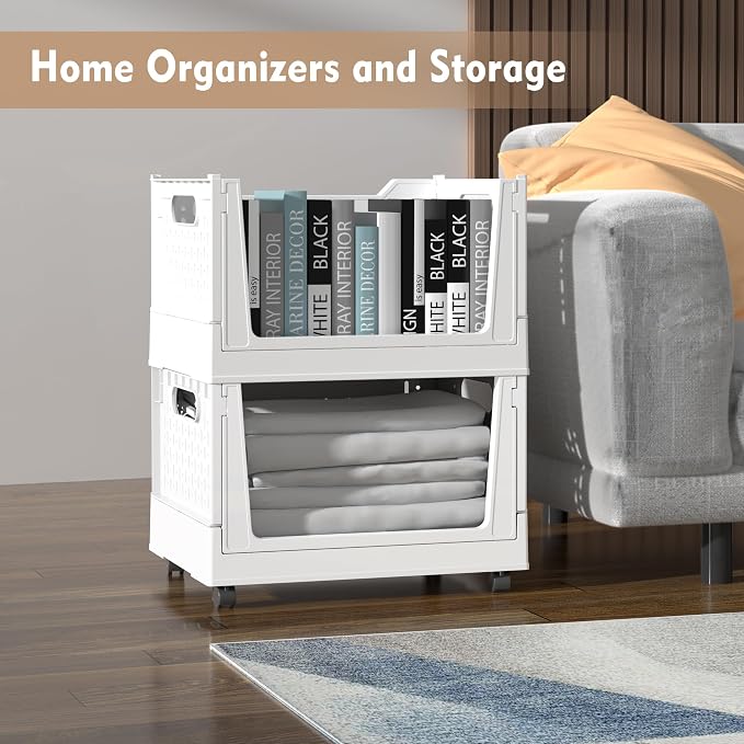 Stackable Plastic Storage Basket, 3 Pack Foldable Closet Organizers and Storage Bins with Wheels, Collapsible Drawer Shelf Storage Box Container for Office Bedroom Closet Wardrobe Kitchen Bathroom - Image 4