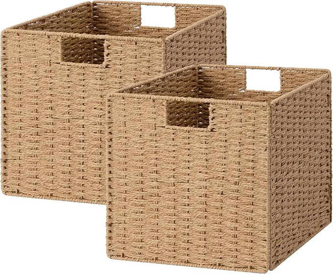 StorageWorks 13 inch Wicker Storage Baskets,Foldable Wicker Baskets,Natural | 2-Pack,Handwoven Organizer Baskets, Wicker Baskets for Organizing,Paper Rope Square Storage Cubes,Square Baskets,Woven Basket by StorageWorks