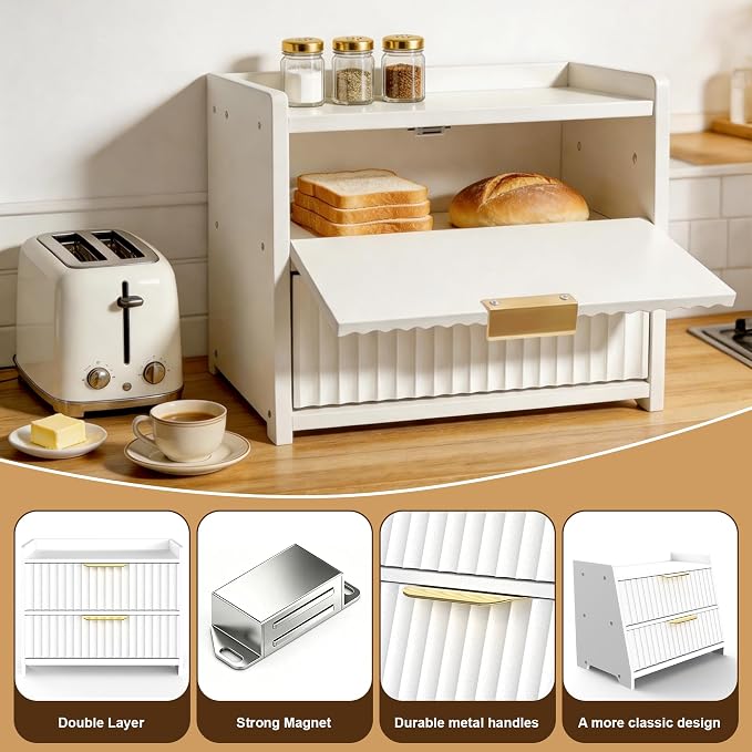 Large Bread Box, White, Double Layer Wooden | Top Shelf, Countertop Organizer Cabinet, For Bread & Coffee Station, Kitchen Essentials Storage - Image 5