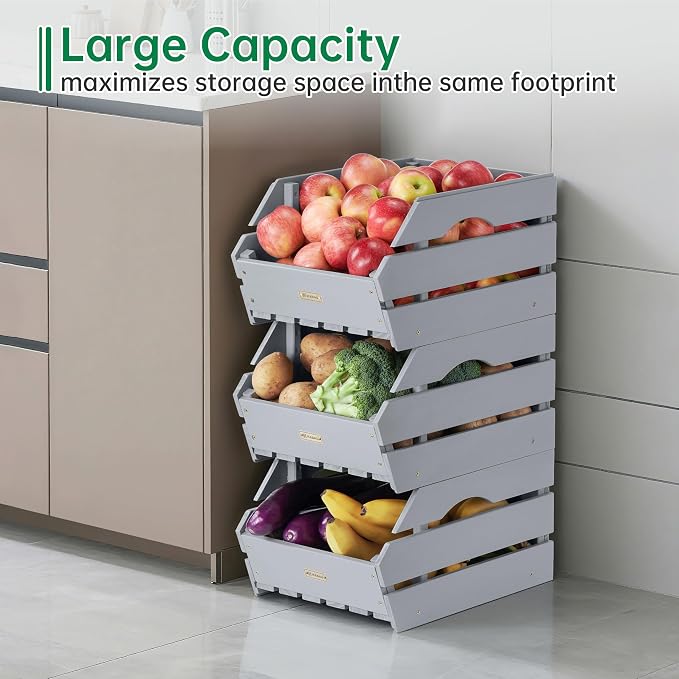 Wood Potato Onion Storage Bins - Wooden Stackable Produce Basket - Fruit Vegetable Storage for Kitchen Pantry Organization, Set 3 Pieces - Image 9