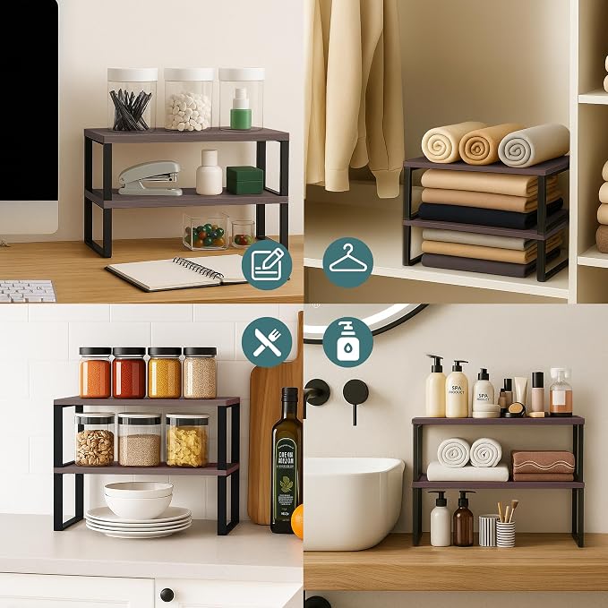 Sben Cabinet Organizer Shelf, Set of 2 Kitchen Counter Shelves, Kitchen Storage, Spice Rack, Stackable, Expandable, Metal and Engineered Wood, Ink Black and Brown Surface - Image 7