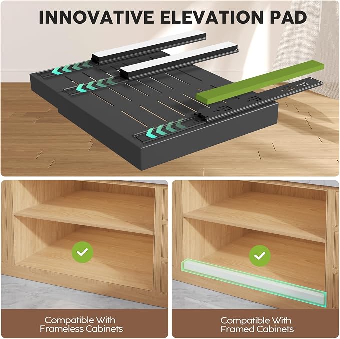 Seinloes 2 Pack Pull Out Cabinet Organizers 21" Deep With Raising Pad for Framed Cabinets, Expandable Width (15.2"-26.3") Slide Out Drawers Upgrade 3 Slide Rails, Roll Out Shelves Adhesive, Black - Image 2
